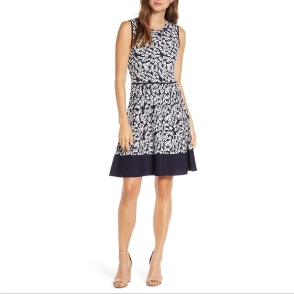 Eliza J Dresses & Skirts - Eliza J Fit & Flare Sleeveless Sweater Dress Geometric Navy Size Large EUC